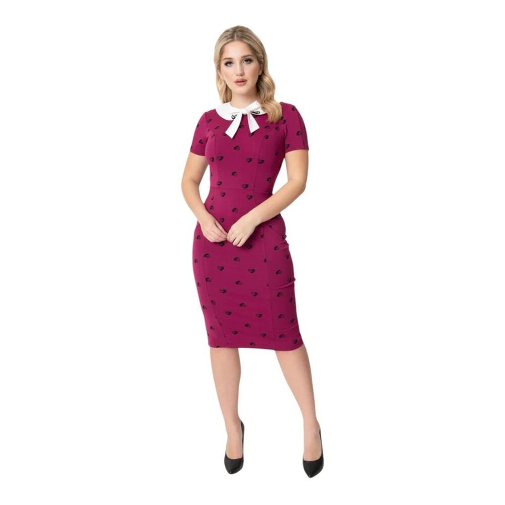 Unique Vintage Berry Pink Black Cat Print Renata Pencil Dress
